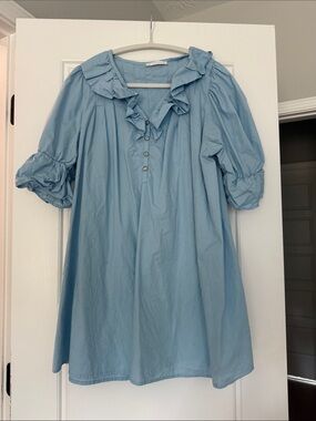 Karlie Pale Blue Button-Up Top with Ruffle Detail